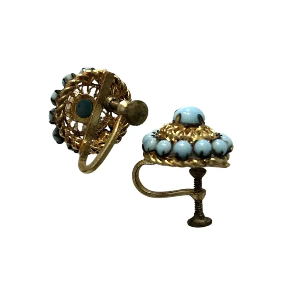 Vintage 1920s Czech Czecho Gold Tone Filigree Blue Beaded Screw Back Earrings